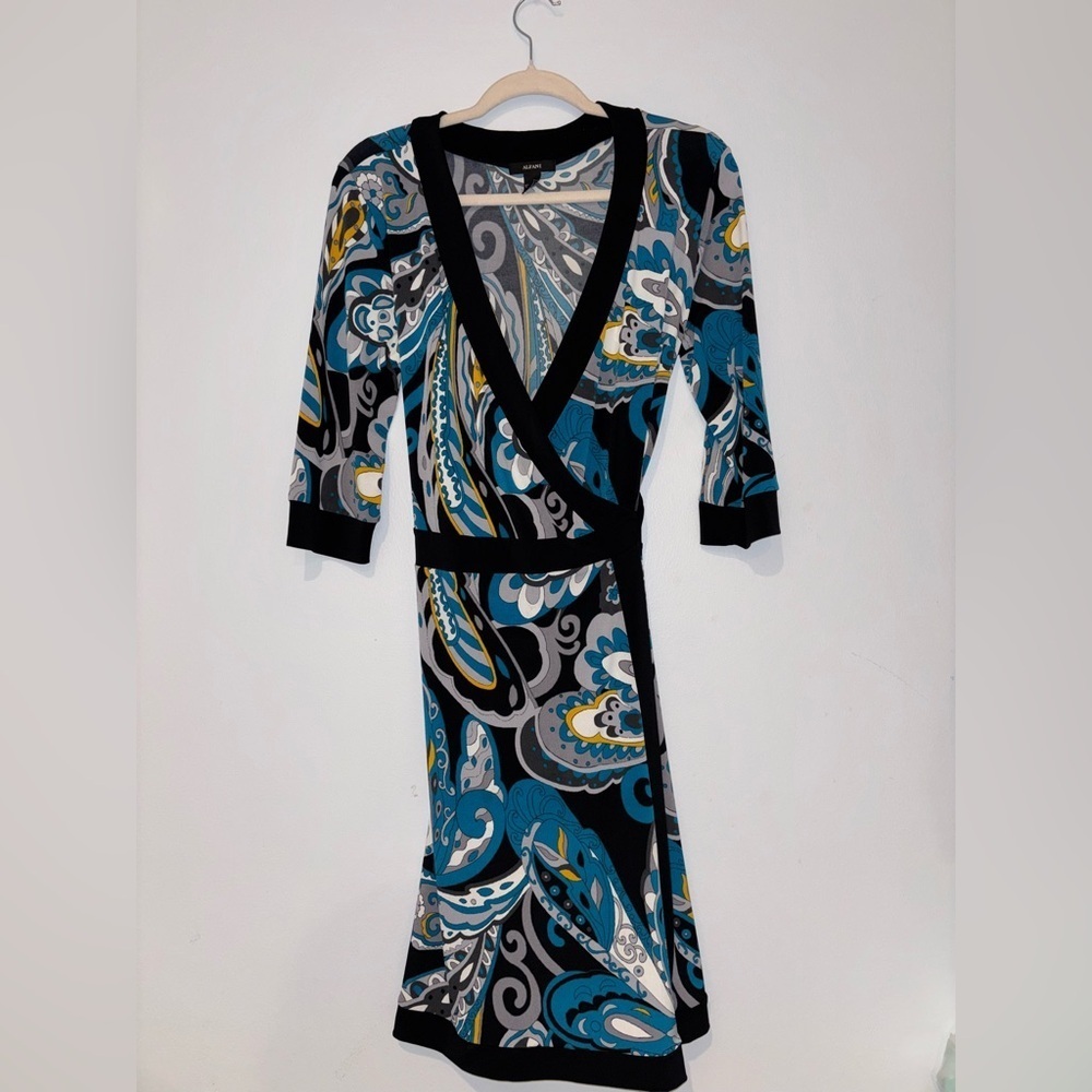Alfani Blue and Black Patterned Wrap Style Long Sleeve Dress